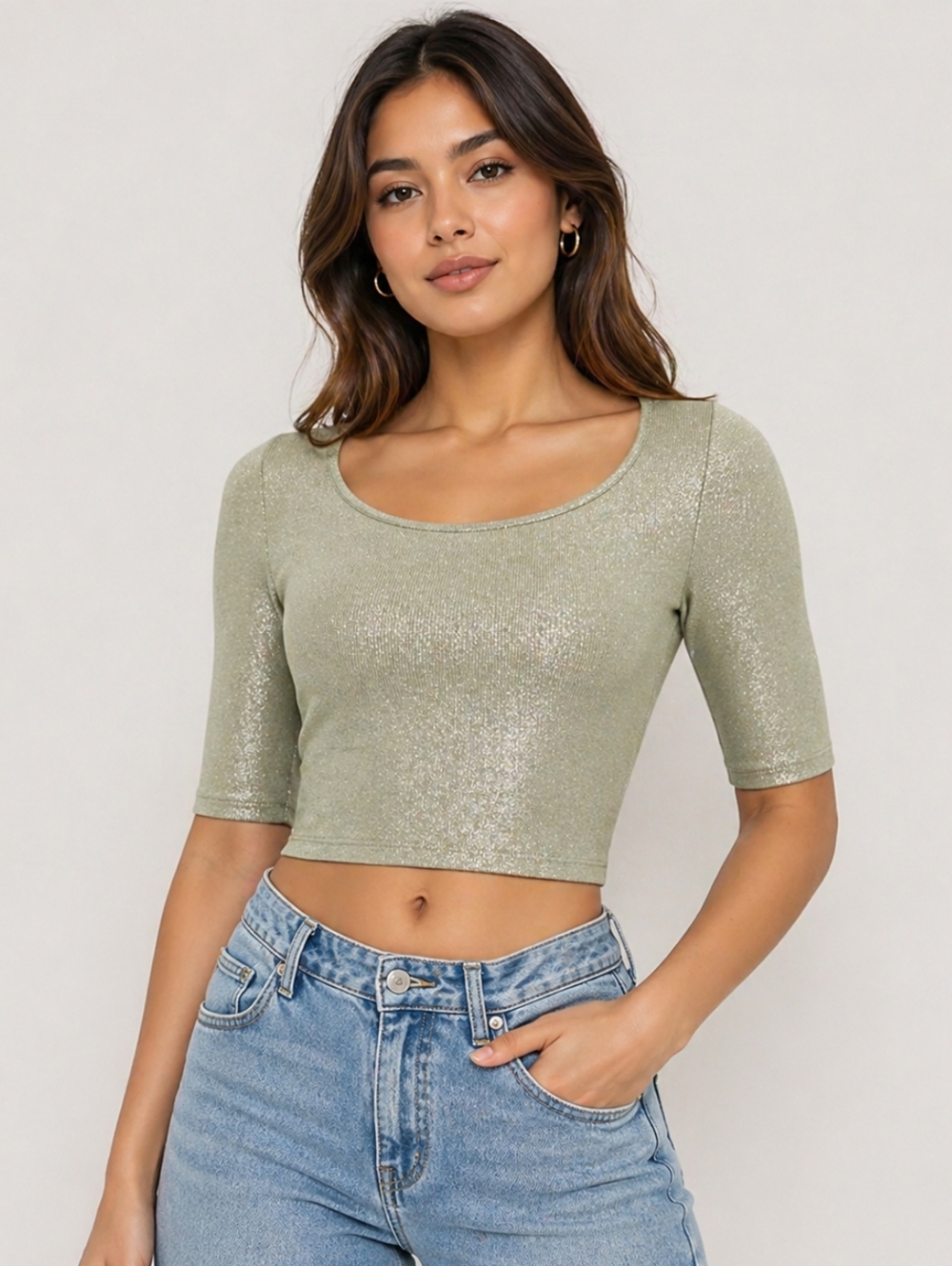 Fitted Ribbed Shine Scoop Neck Tee Sage S Elbow Sleeve New